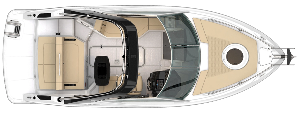 Planta em vista superior de lancha com cockpit, cabine e solário de proa